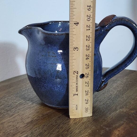 Blue and Brown Stoneware Mini Pitcher Blue Vintage Pitcher with Shell Accent - Picture 4 of 8